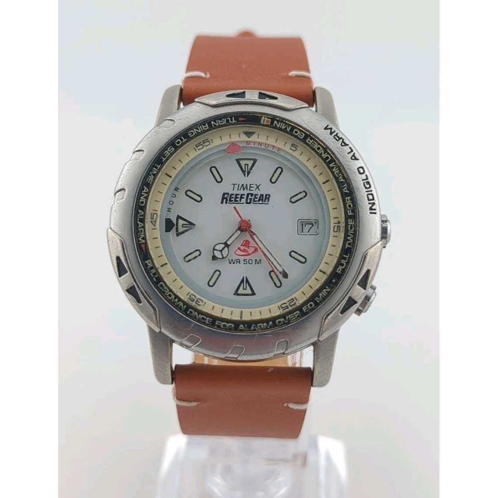 Timex Reef Gear Watch Mens 40mm Indiglo Alarm Silver Tone Date New Battery
